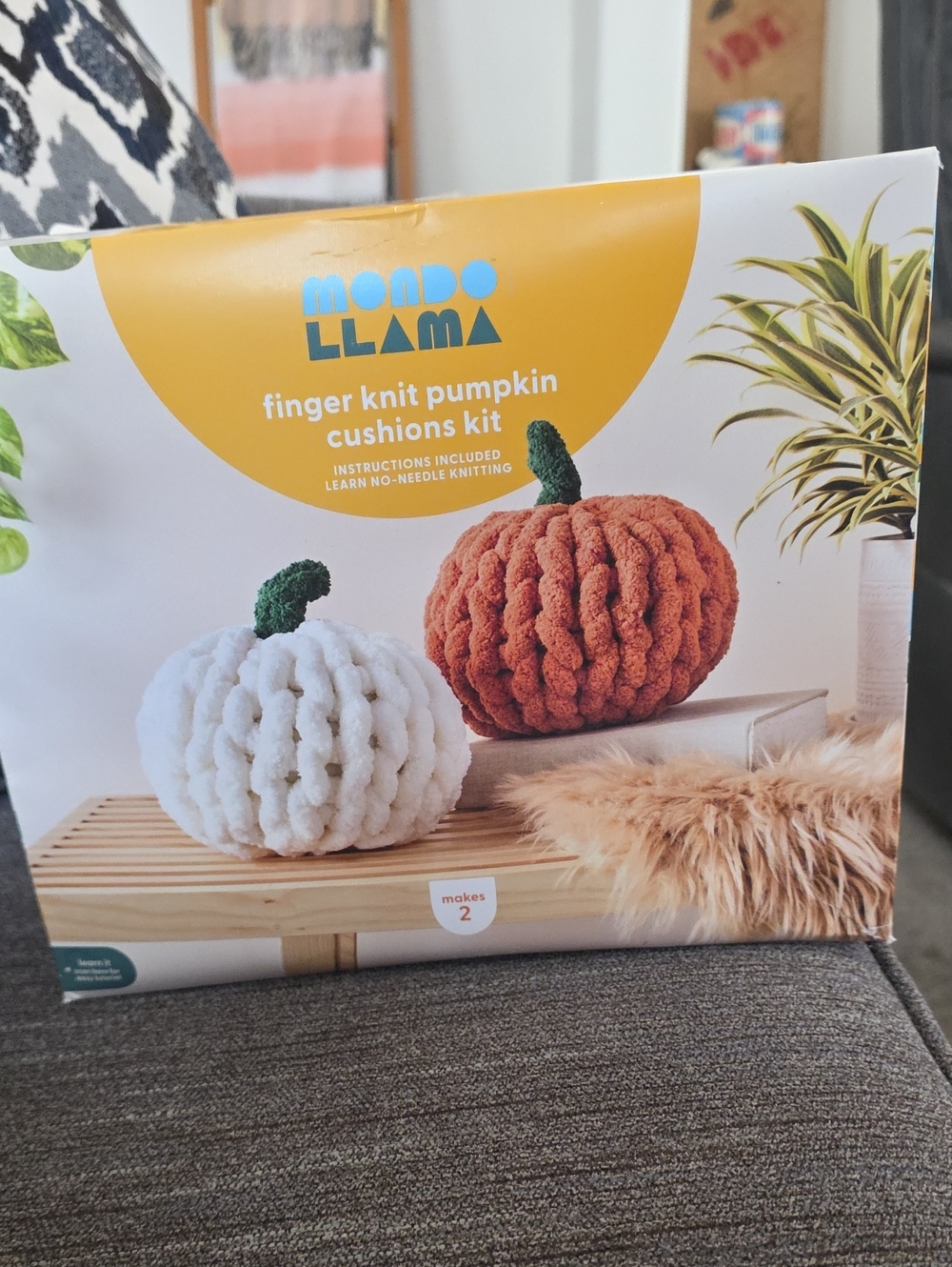 Mondo Llama Finger Knit Pumpkin Cushions Kit - White & Rust Orange